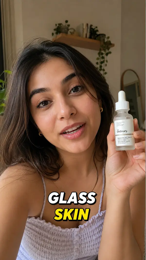 Beauty tutorial video with bold outlined captions reading "GLASS SKIN"